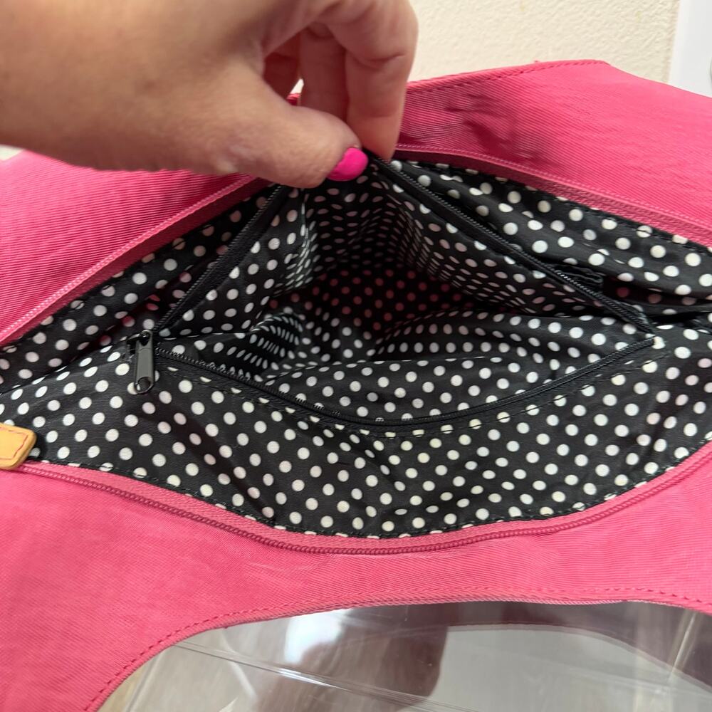 Esprit Pink Nylon Hobo Shoulder Bag Tan Straps Polka Dot Lining Y2K - Picture 15 of 16